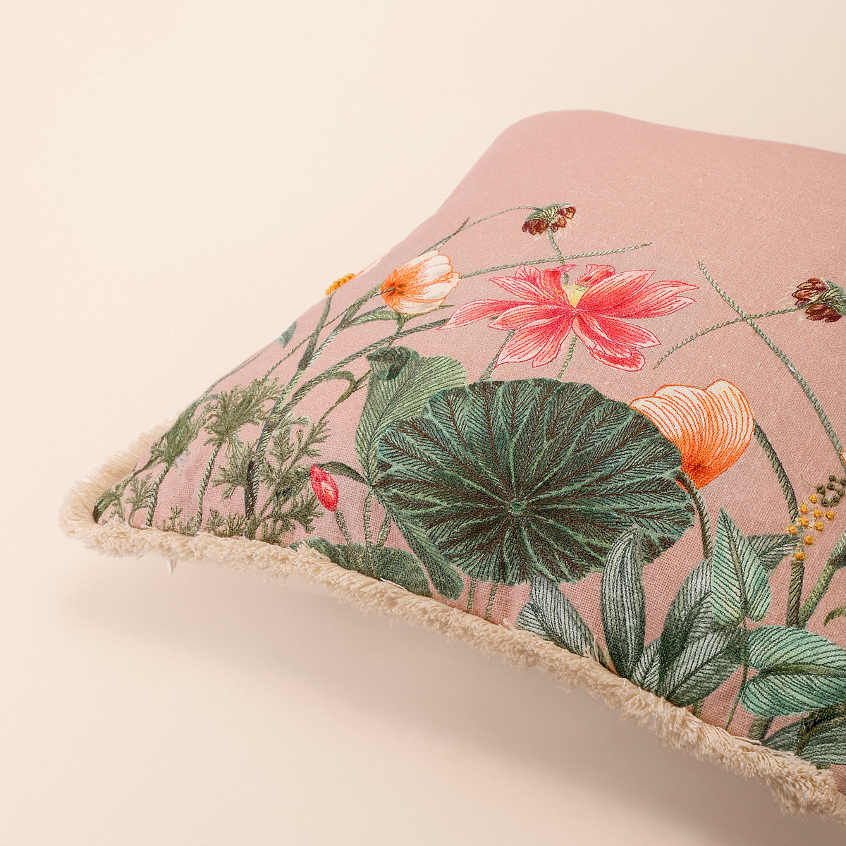 PANKHURI Square Cushion, Embroidery, 18 x 18 Inch, Blush, Botanical Bloom
