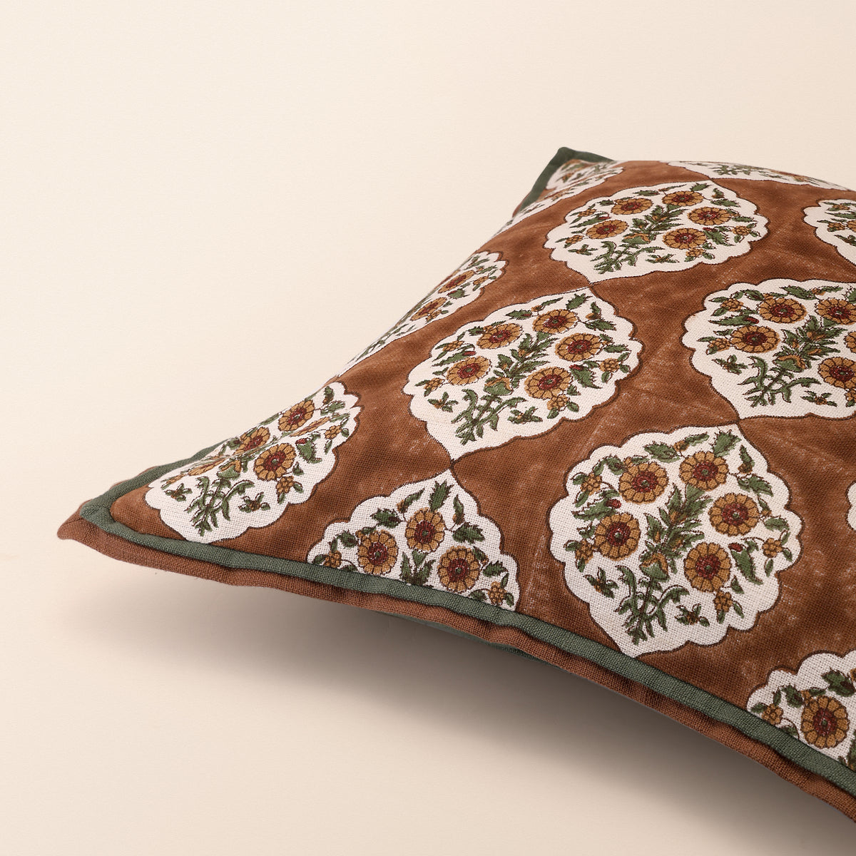 BAGRU Square Cushion, Block Print, 18 x 18 Inch, Mocha, Jaipur House