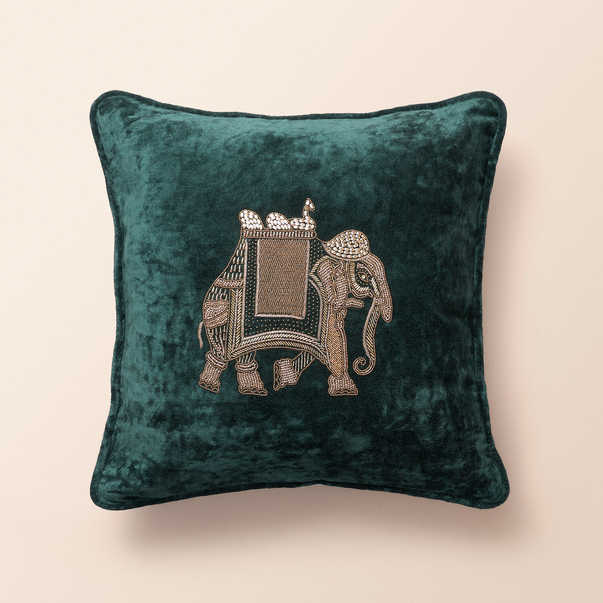 CREST Square Cushion, Zardozi, 18 x 18 Inch, Teal, Velvet Luxe