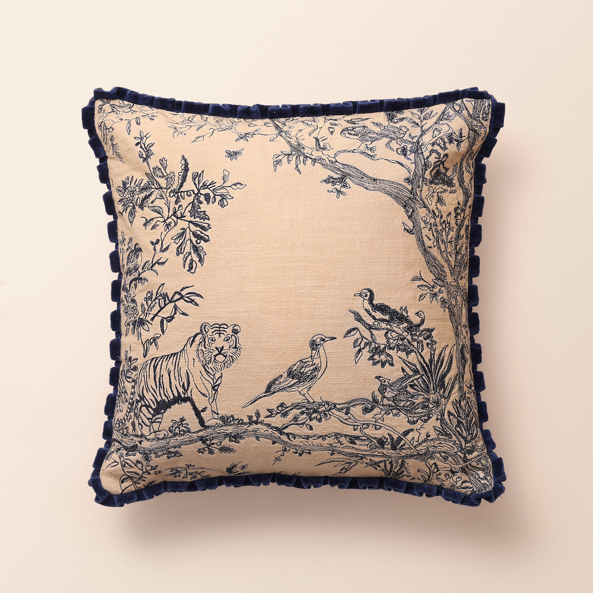 BAGH Square Cushion, Toile, 18 x 18 Inch, Indigo & Cream, Indigo Forest