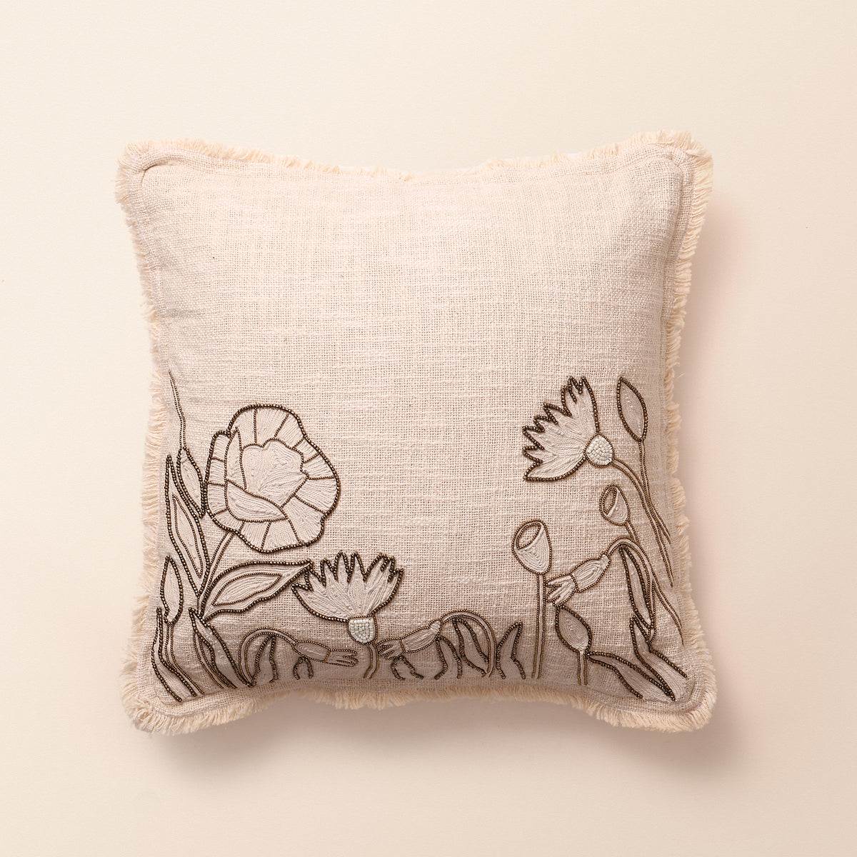 PEARL Square Cushion, Bead Work, 16 x 16 Inch, Chalk, TNT Beads