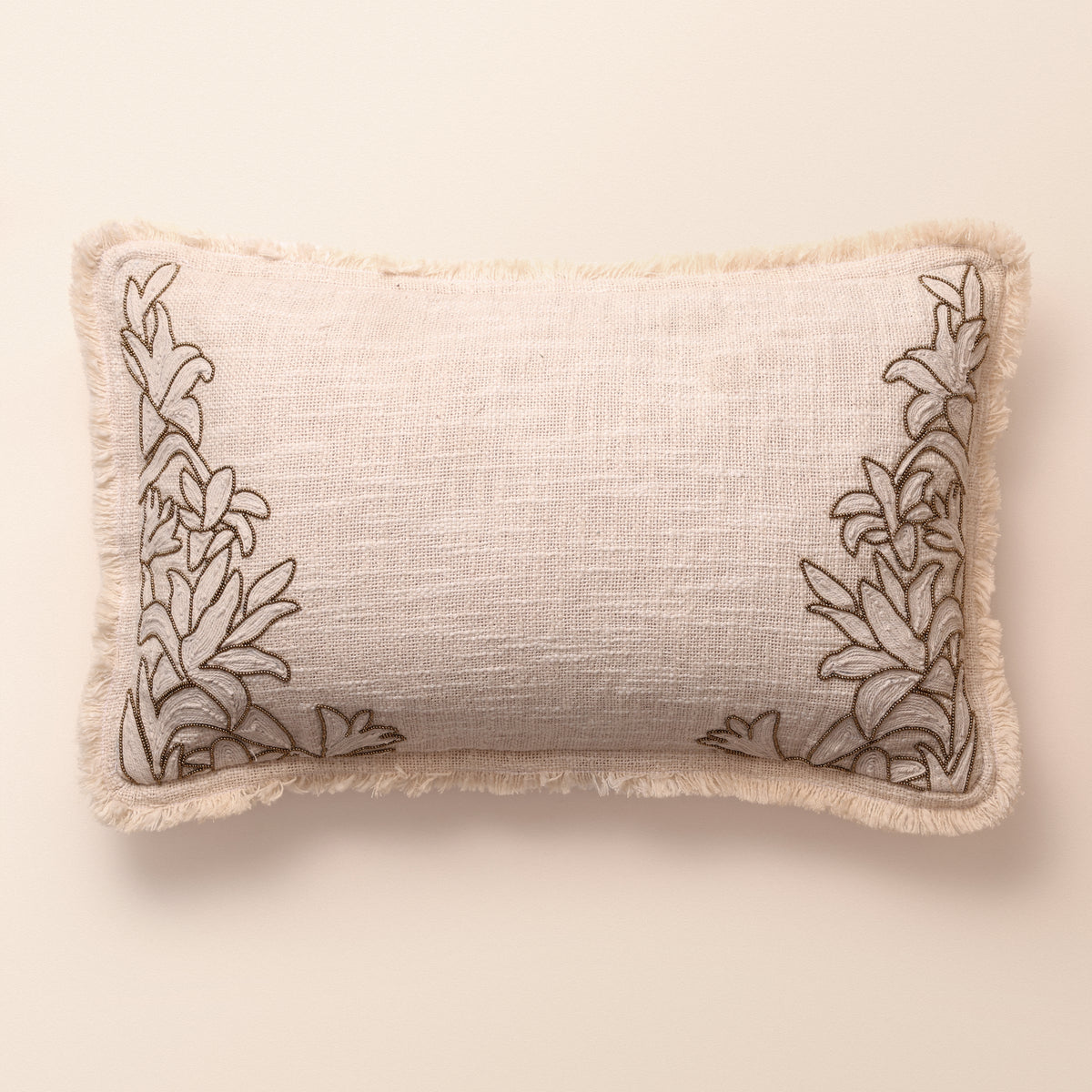 IVOIRE Oblong Cushion, Bead Work, 12 x 20 Inch, Ivory, TNT Beads