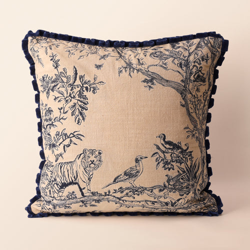 BAGH Square Cushion, Toile, 18 x 18 Inch, Indigo & Cream, Indigo Forest