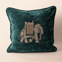 CREST Square Cushion, Zardozi, 18 x 18 Inch, Teal, Velvet Luxe — thumbnail