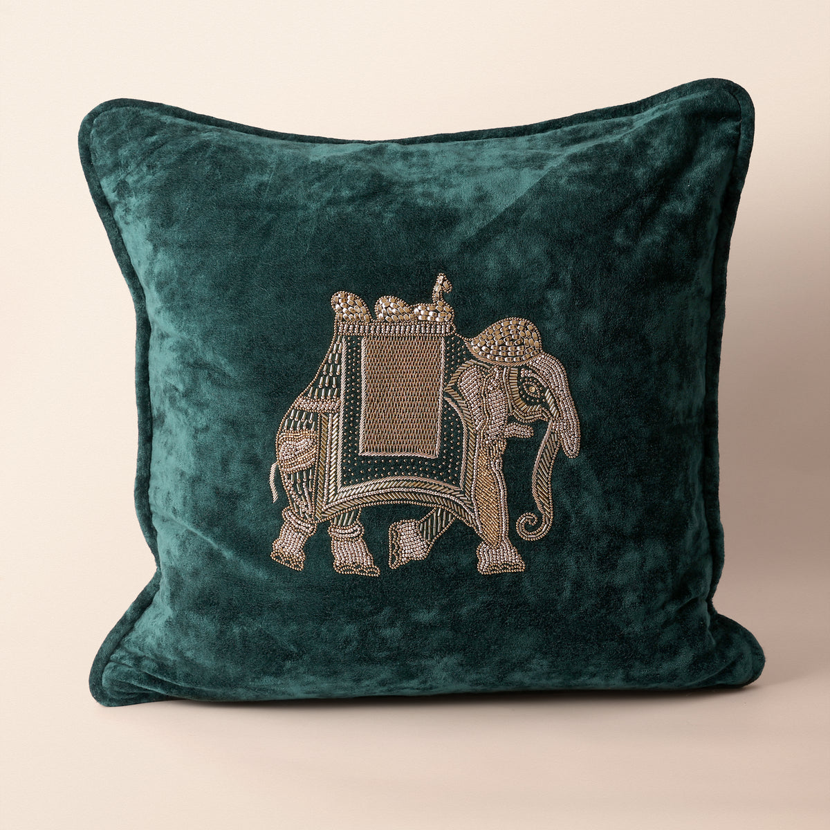 CREST Square Cushion, Zardozi, 18 x 18 Inch, Teal, Velvet Luxe
