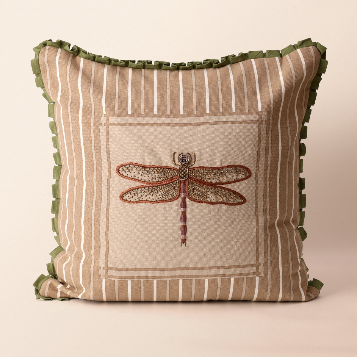 SANGANER Square Cushion, Screen Print, 18 x 18 Inch, Ivory, Printed Stripes