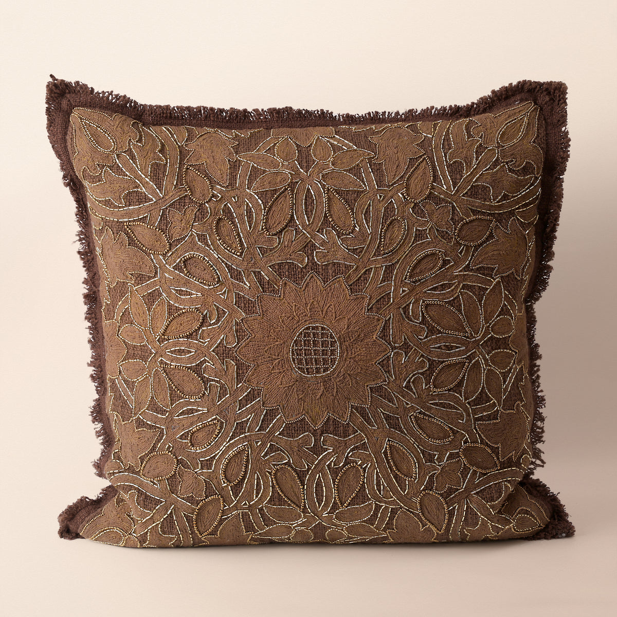 UMBER Square Cushion, Bead Work, 18 x 18 Inch, Dark Brown, TNT Beads