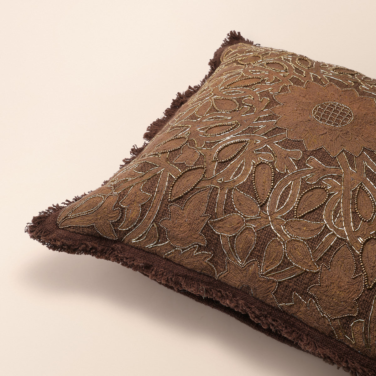 UMBER Square Cushion, Bead Work, 18 x 18 Inch, Dark Brown, TNT Beads