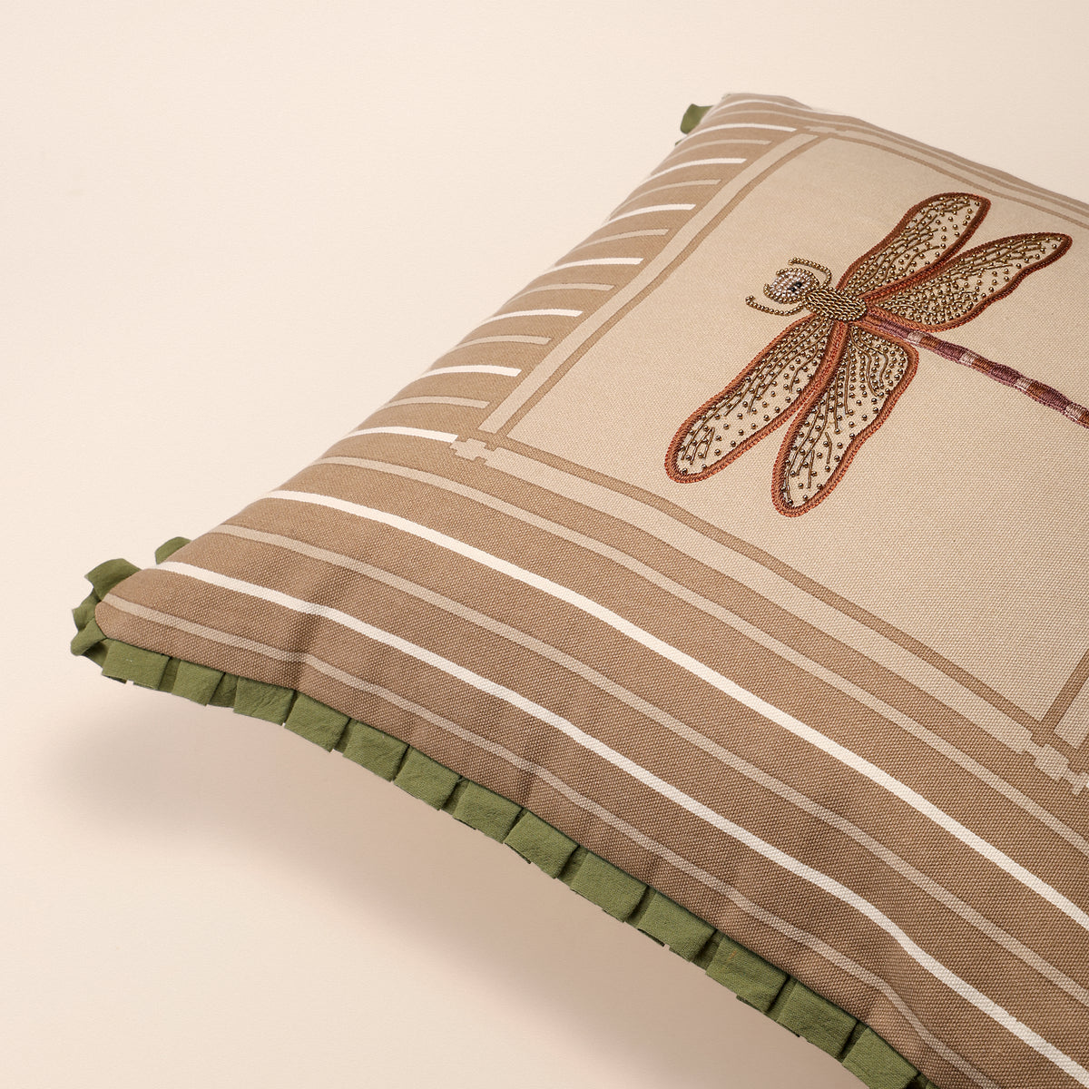SANGANER Square Cushion, Screen Print, 18 x 18 Inch, Ivory, Printed Stripes