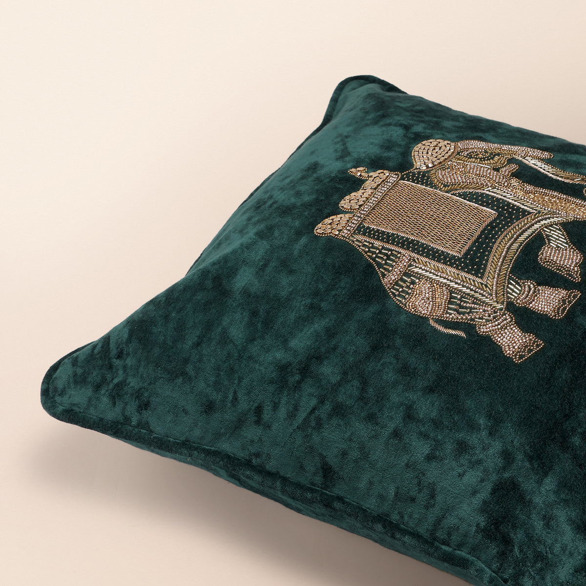 CREST Square Cushion, Zardozi, 18 x 18 Inch, Teal, Velvet Luxe