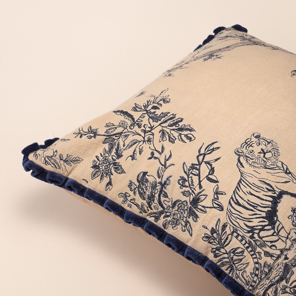 BAGH Square Cushion, Toile, 18 x 18 Inch, Indigo & Cream, Indigo Forest