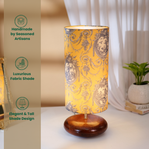 Mango Wood Table Lamp, Yellow Victorian Fabric Shade - RIO Collection
