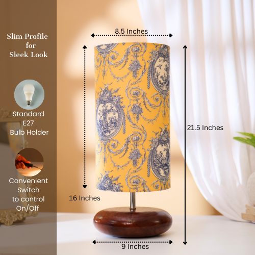 Mango Wood Table Lamp, Yellow Victorian Fabric Shade - RIO Collection