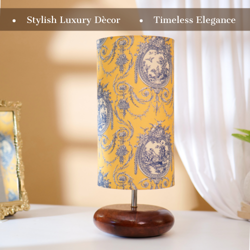 Mango Wood Table Lamp, Yellow Victorian Fabric Shade - RIO Collection