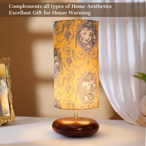 Mango Wood Table Lamp, Yellow Victorian Fabric Shade - RIO Collection