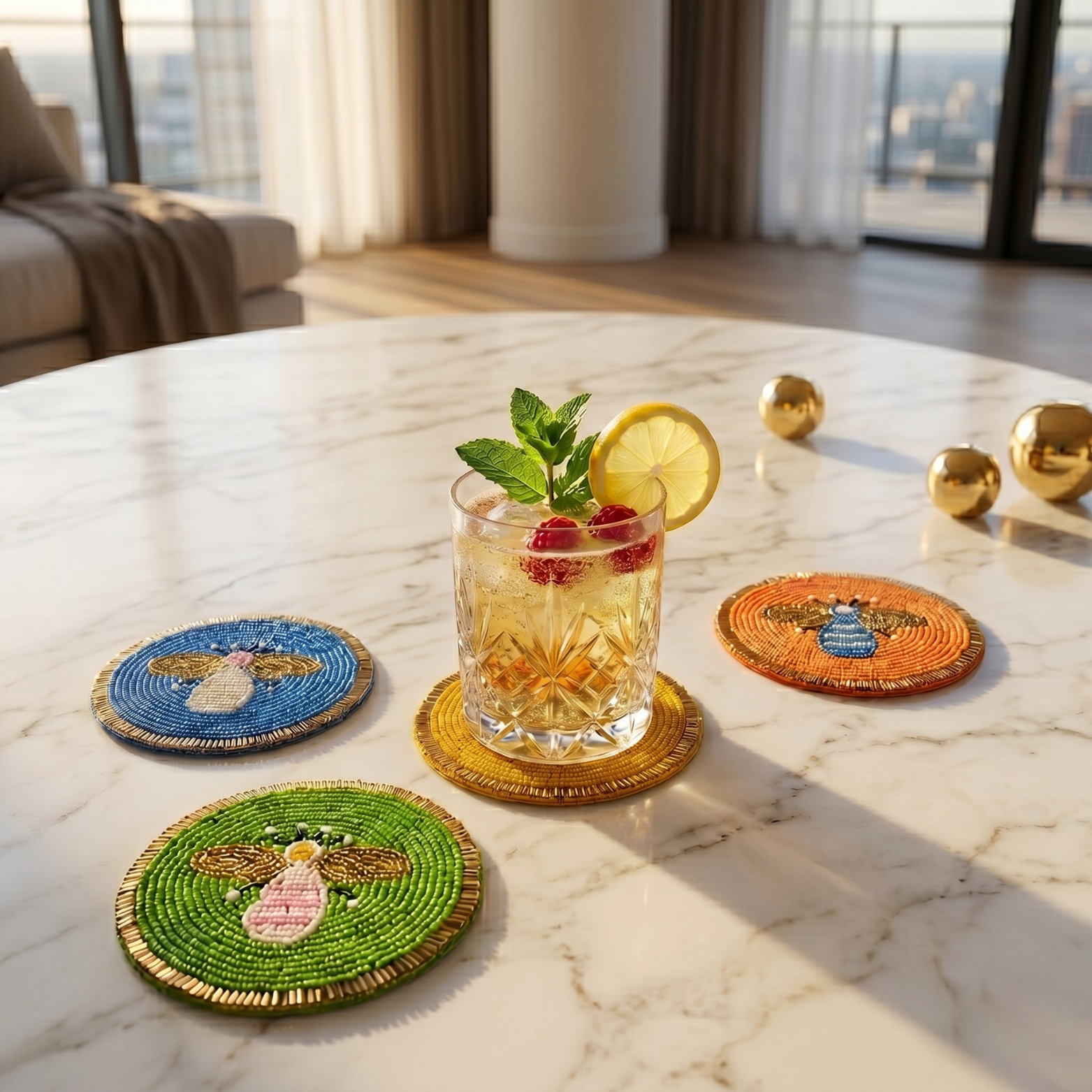 Honey Bee Coaster Set – Handcrafted Wooden Drink Mats for Tables