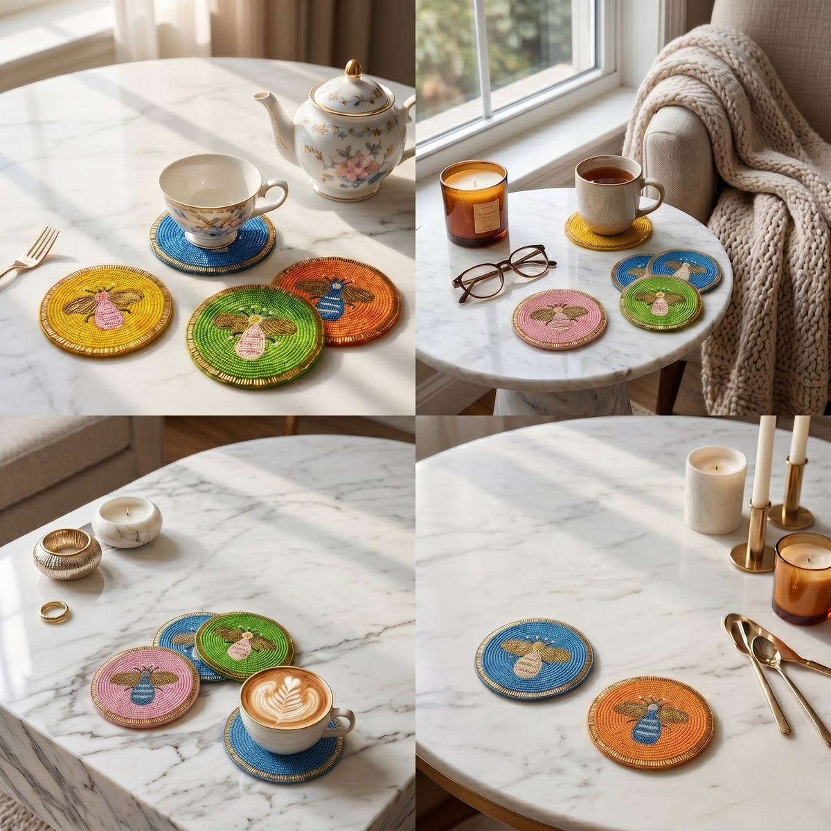Honey Bee Coaster Set – Handcrafted Wooden Drink Mats for Tables