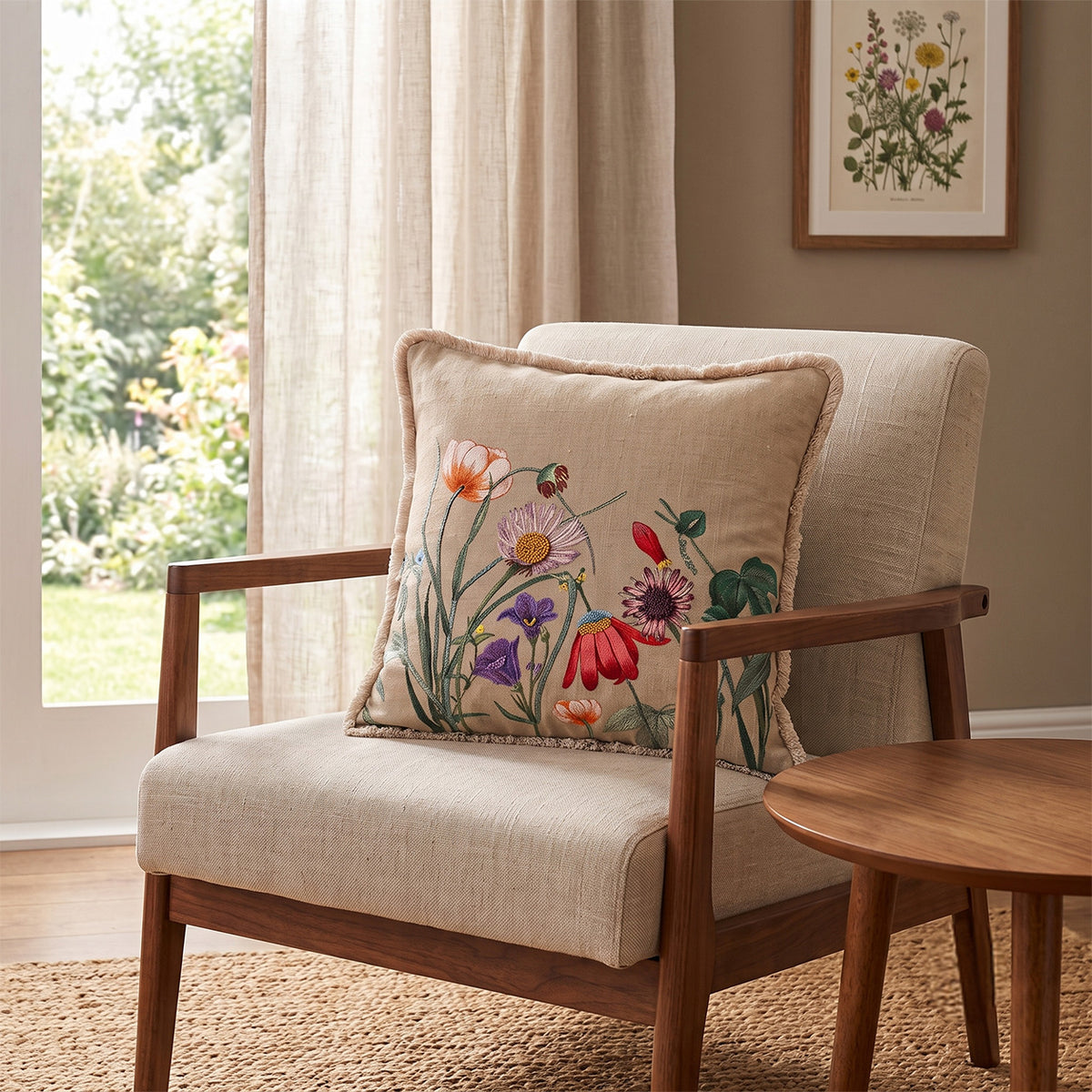 BUTA Square Cushion, Embroidery, Beige, Botanical Bloom