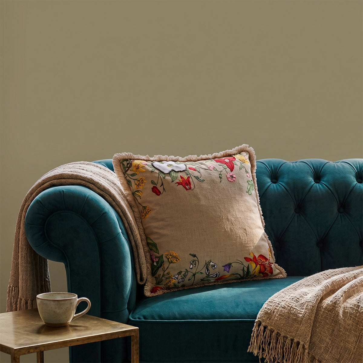 KUNJ Square Cushion, Embroidery, Beige, Botanical Bloom