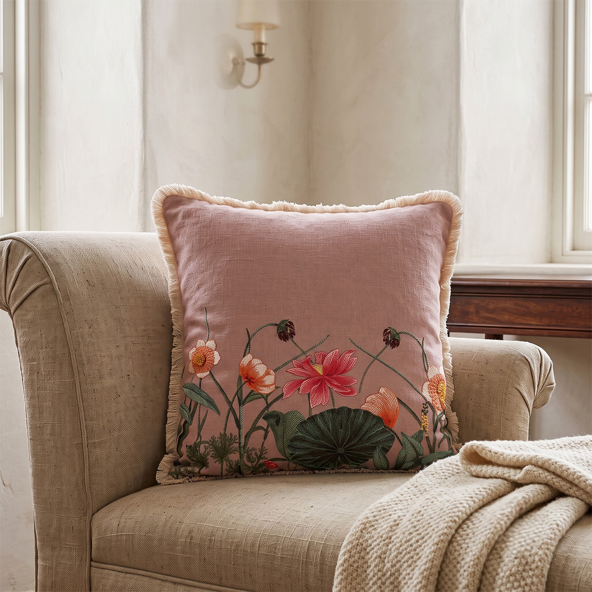 PANKHURI Square Cushion, Embroidery, Blush, Botanical Bloom