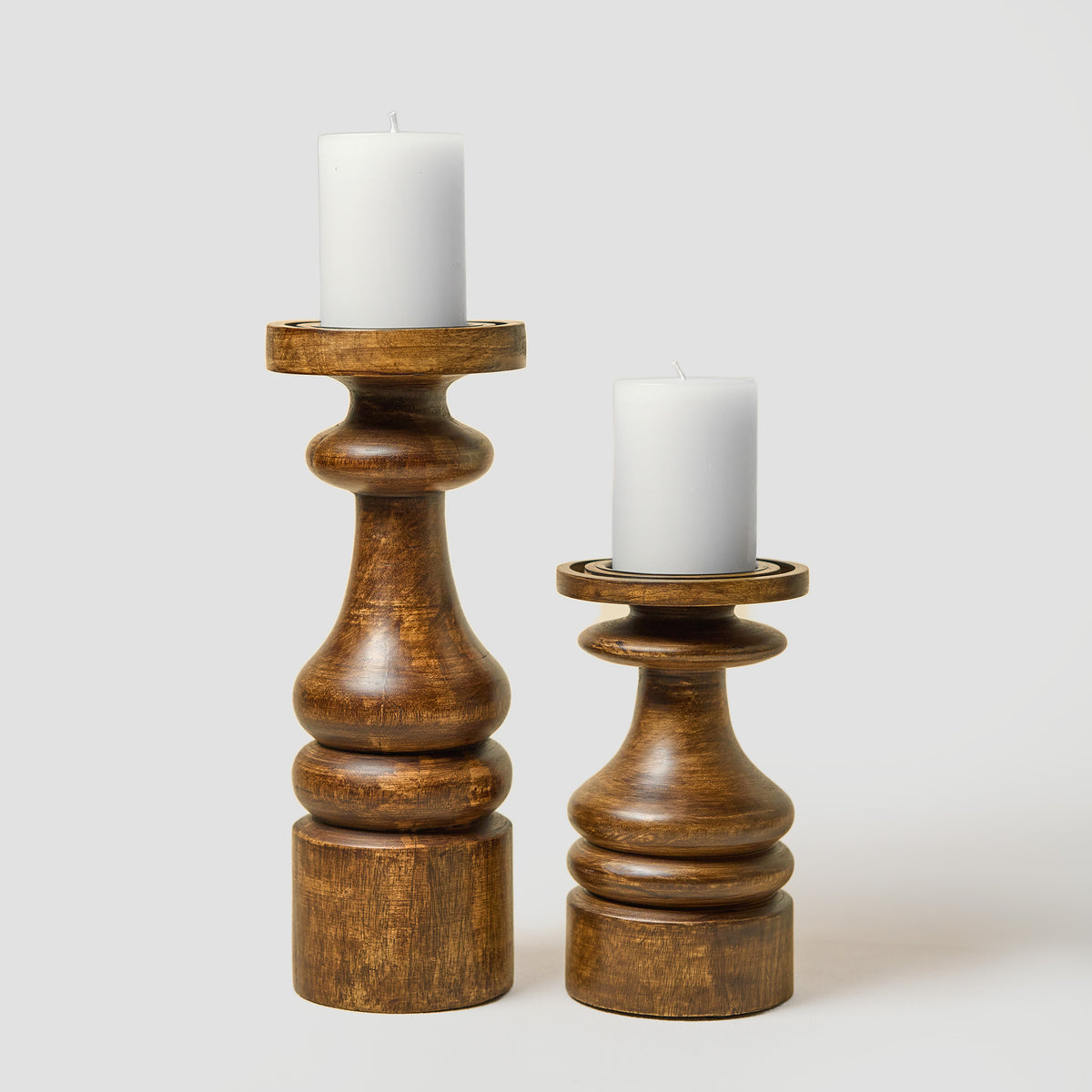Wooden Pillar Candle Stands with Glass Hurricane