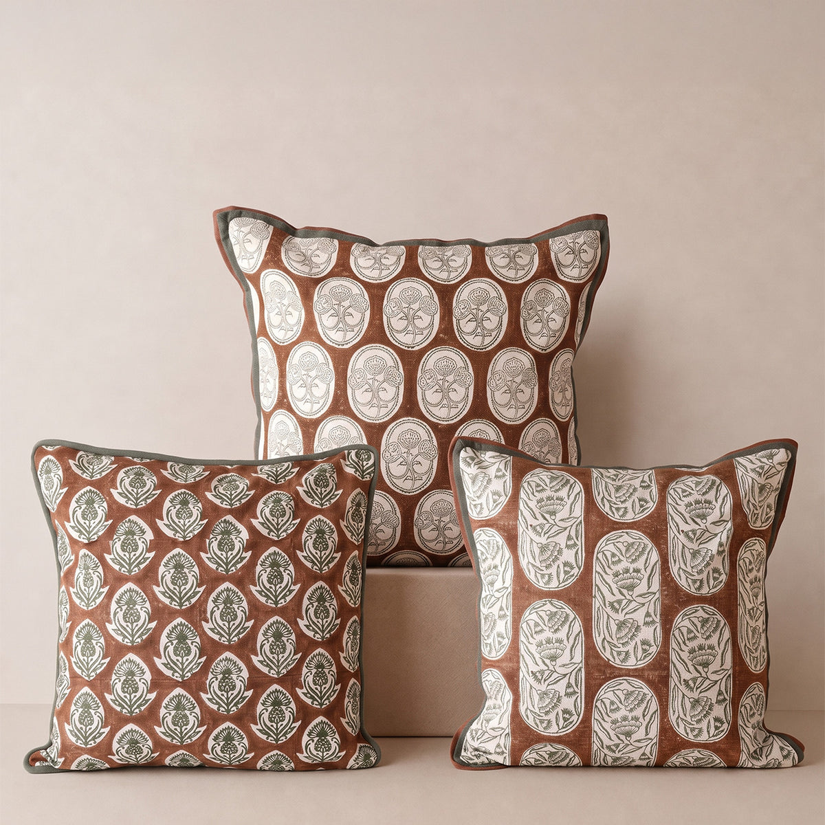 AMBAR Square Cushion, Block Print, 18 x 18 Inch, Mocha, Jaipur House