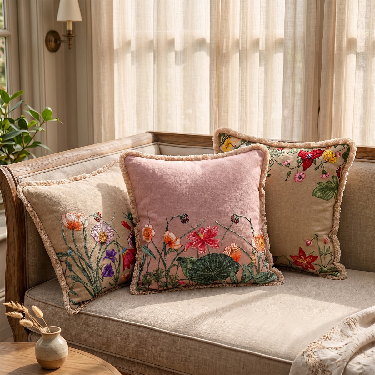 KUNJ Square Cushion, Embroidery, Beige, Botanical Bloom