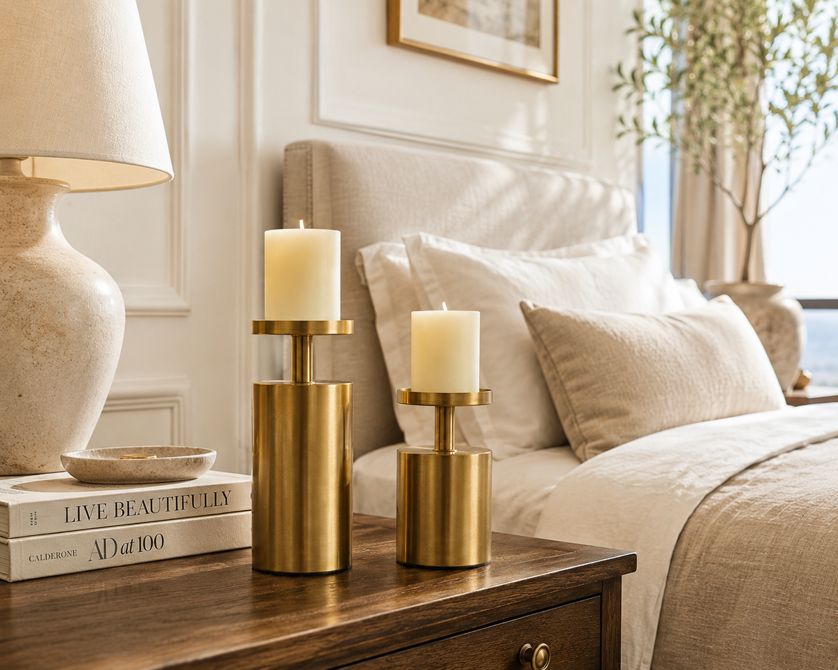 Gold Pillar Candle Stands, Set of 2