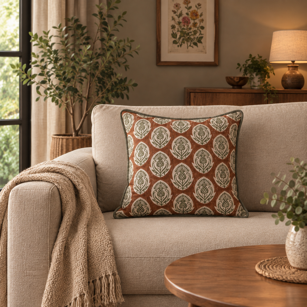 AMBAR Square Cushion, Block Print, 18 x 18 Inch, Mocha, Jaipur House