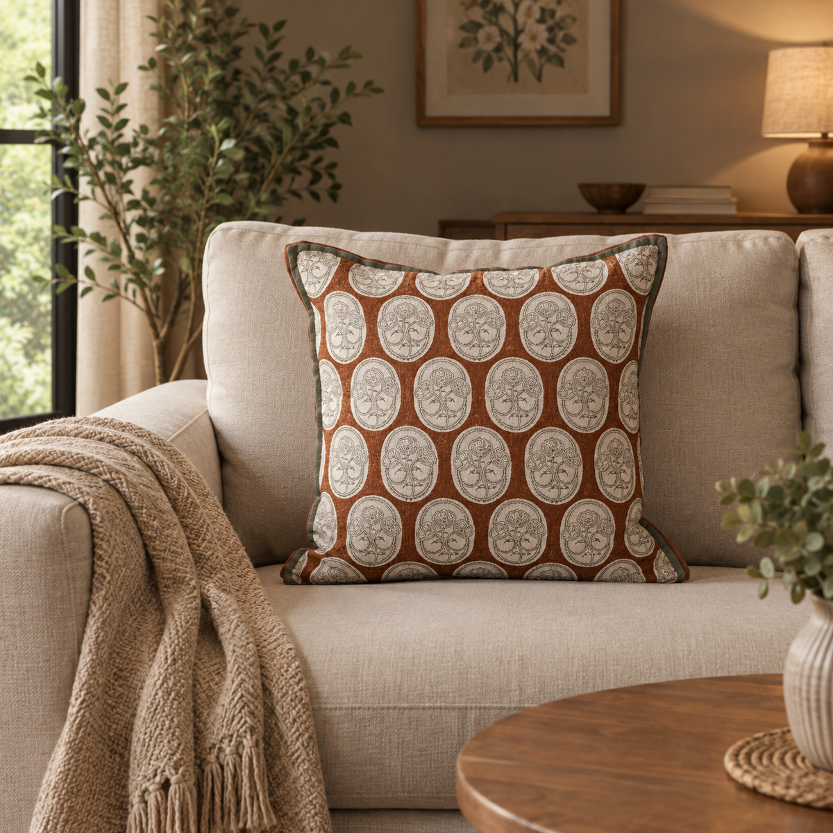 RANGREZ I Square Cushion, Block Print, Mocha, Jaipur House