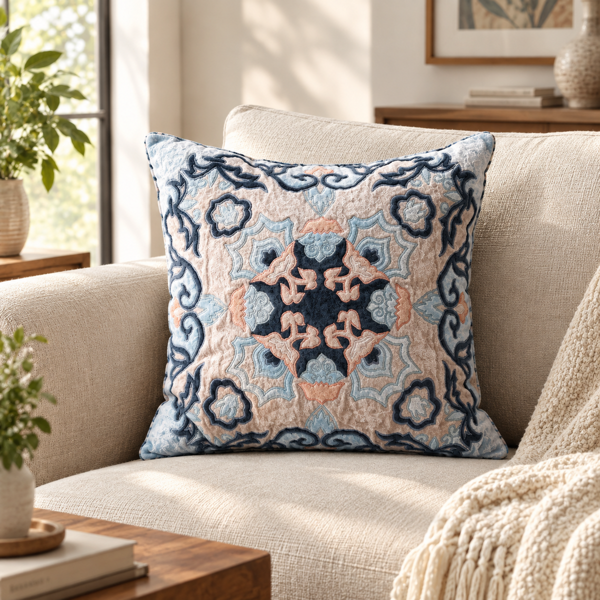 KASHI Square Cushion, Patchwork, Blue, Persian Mosaic