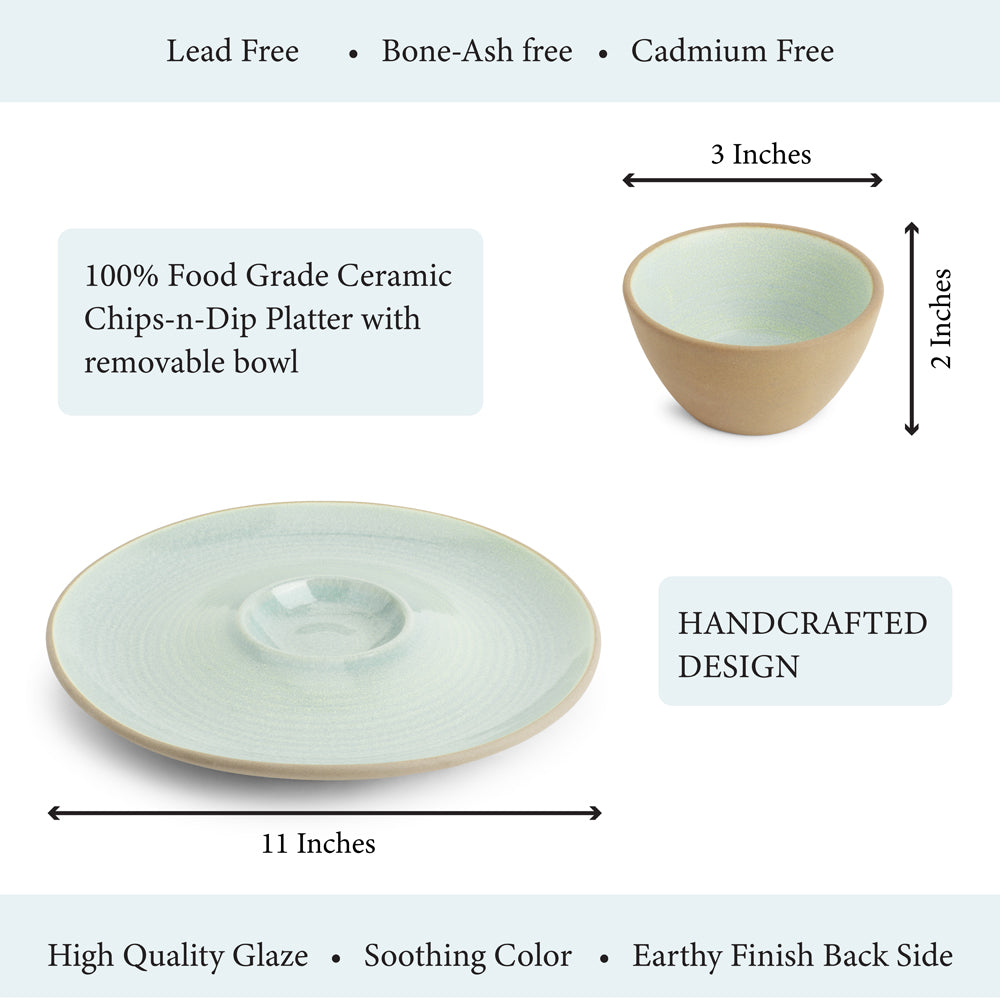 Handcrafted ceramic chips-and-dip platter with removable bowl, dimensions labeled, featuring high-quality glaze and an earthy finish