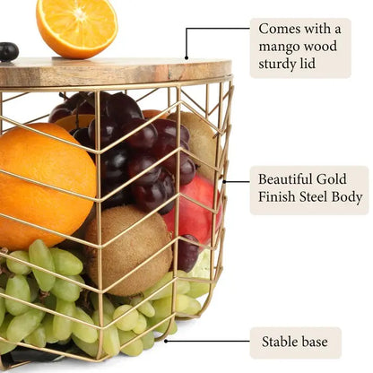 Gold Metal Basket with Wooden Lid