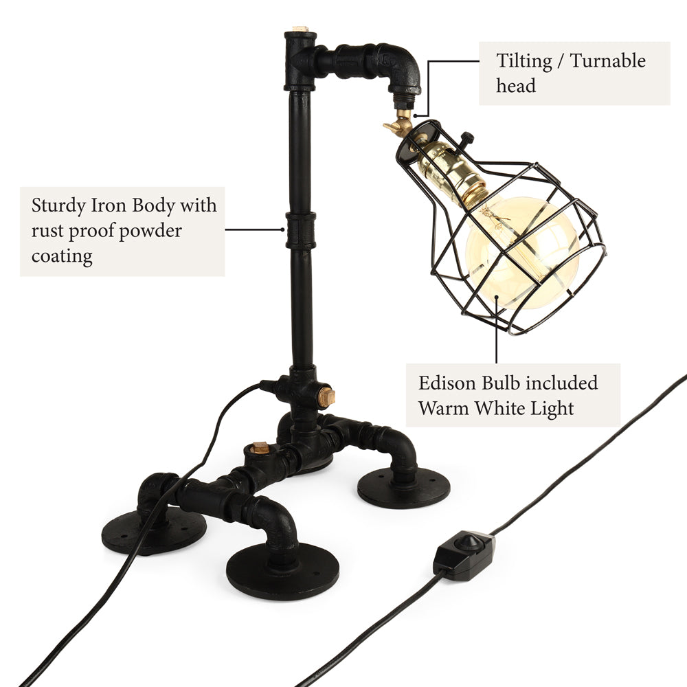 Industrial lamp with sturdy iron body, tiltable head, and Edison bulb emitting warm white light