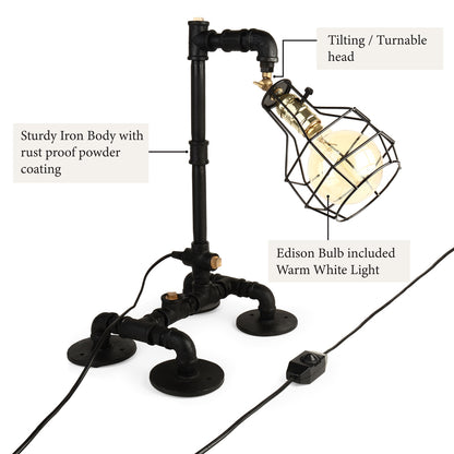 Industrial lamp with sturdy iron body, tiltable head, and Edison bulb emitting warm white light