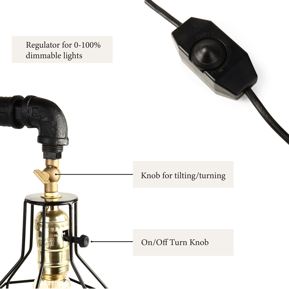 Industrial lamp features, including 0-100% dimmable regulator, tilting knob, and on/off turn knob for adjustable lighting and functionality