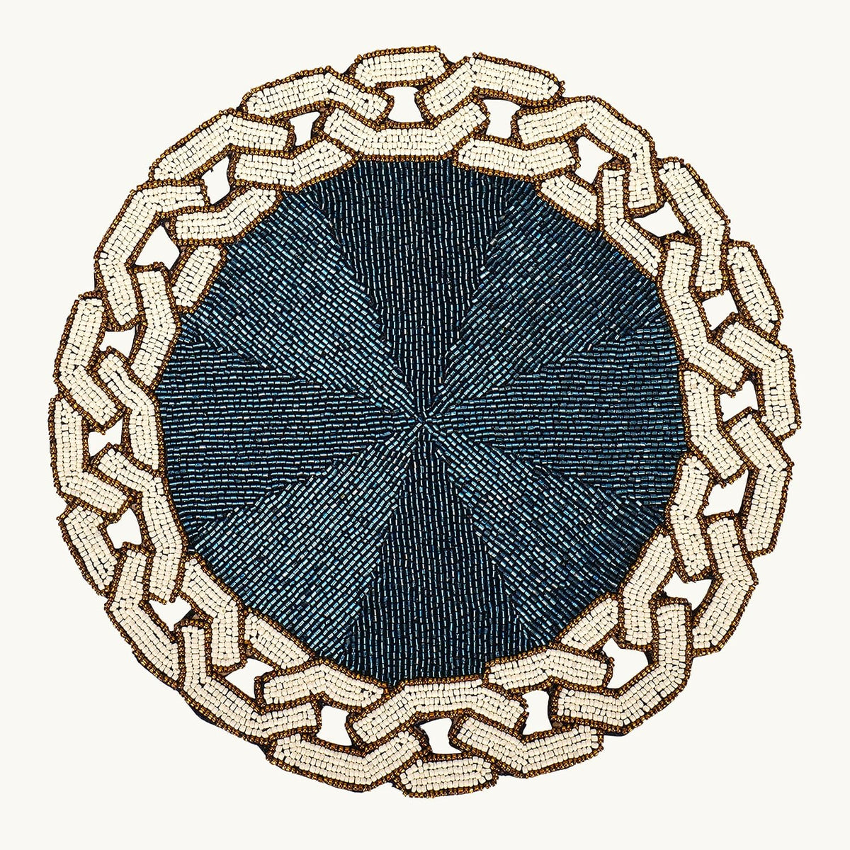 Chain Glass Beaded Round Placemat, Blue & Ivory, 14 inch