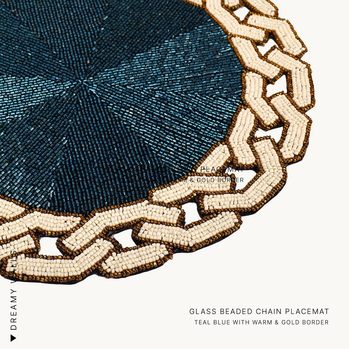 Chain Glass Beaded Round Placemat, Blue & Ivory, 14 inch