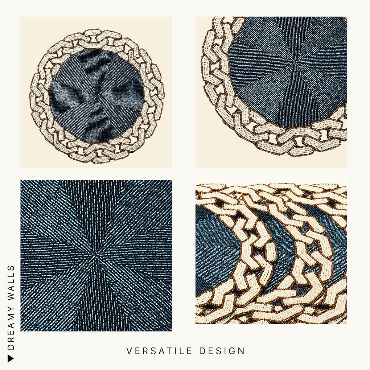 Chain Glass Beaded Round Placemat, Blue & Ivory, 14 inch
