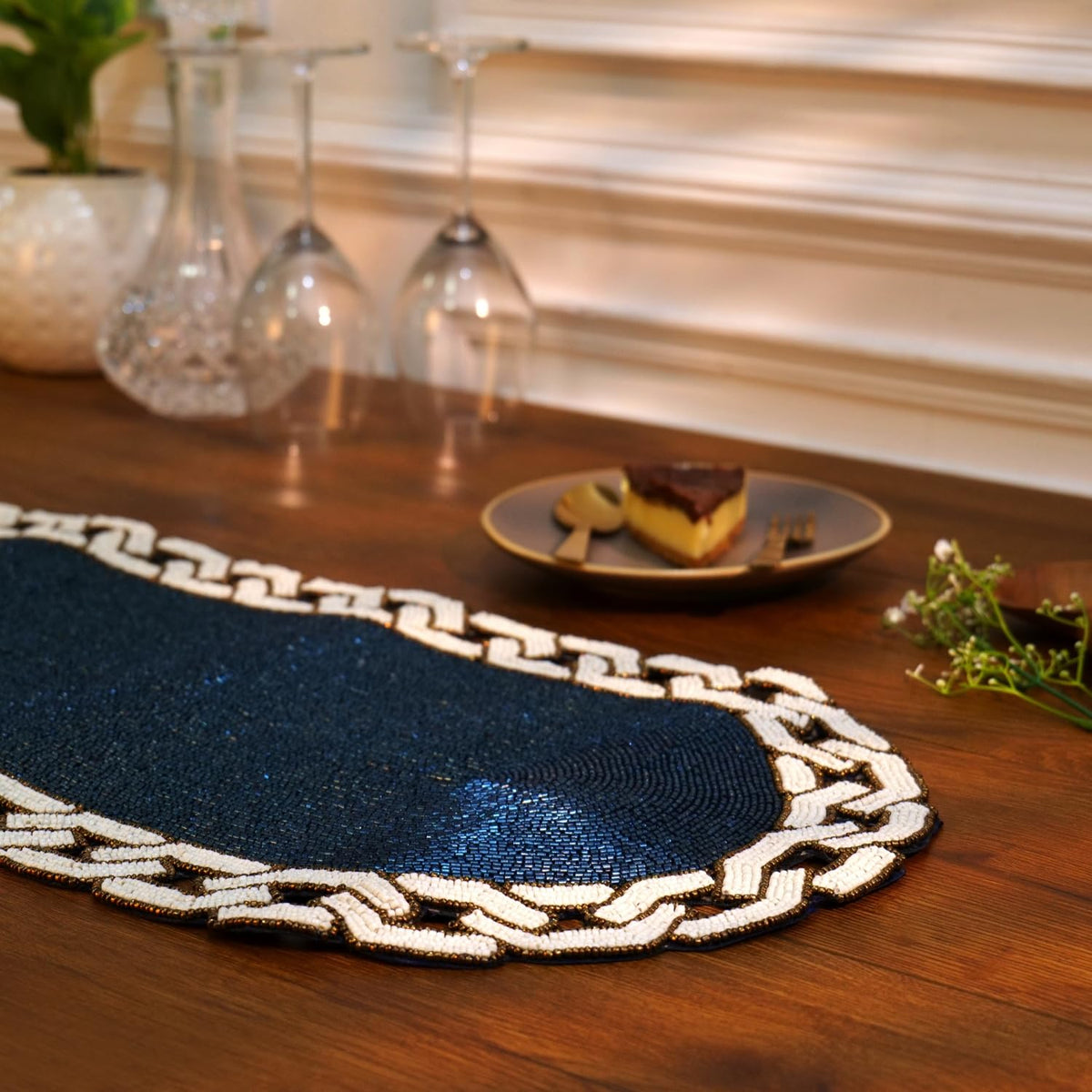 Chain Glass Beaded Table Runner, Blue & Ivory, 35 x 13 inch