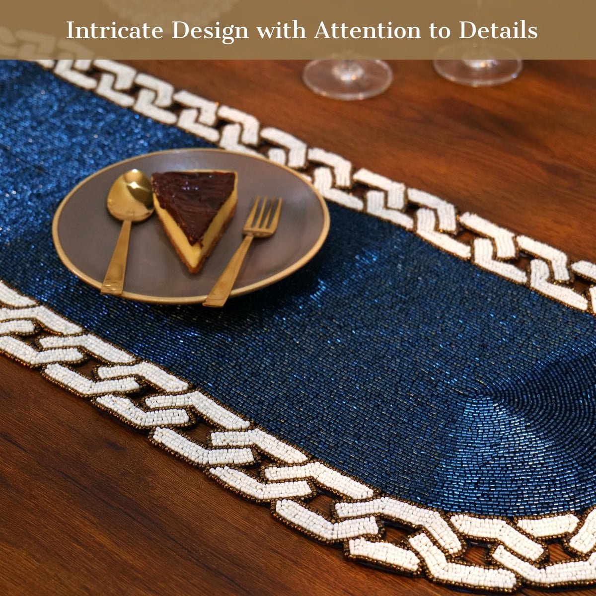 Chain Glass Beaded Table Runner, Blue & Ivory, 35 x 13 inch