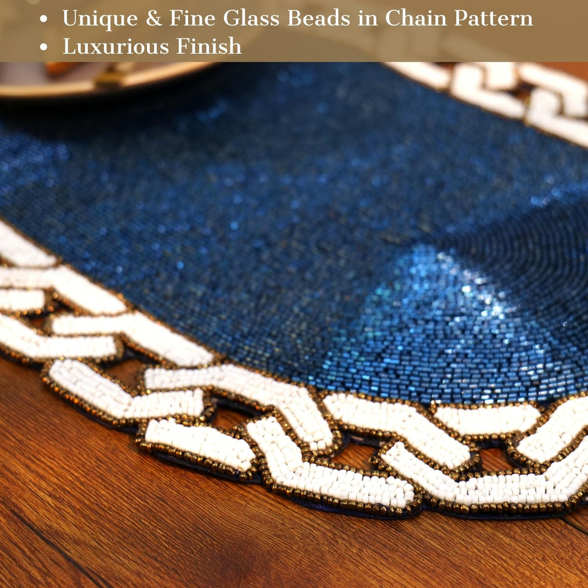 Chain Glass Beaded Table Runner, Blue & Ivory, 35 x 13 inch