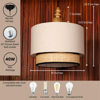 Double Drum Pendant Ceiling Lamp, Ivory with Rattan — thumbnail