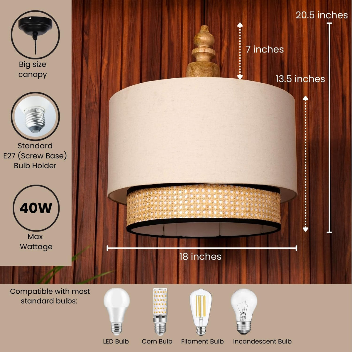Double Drum Pendant Ceiling Lamp, Ivory with Rattan