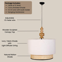 Double Drum Pendant Ceiling Lamp, Ivory with Rattan — thumbnail