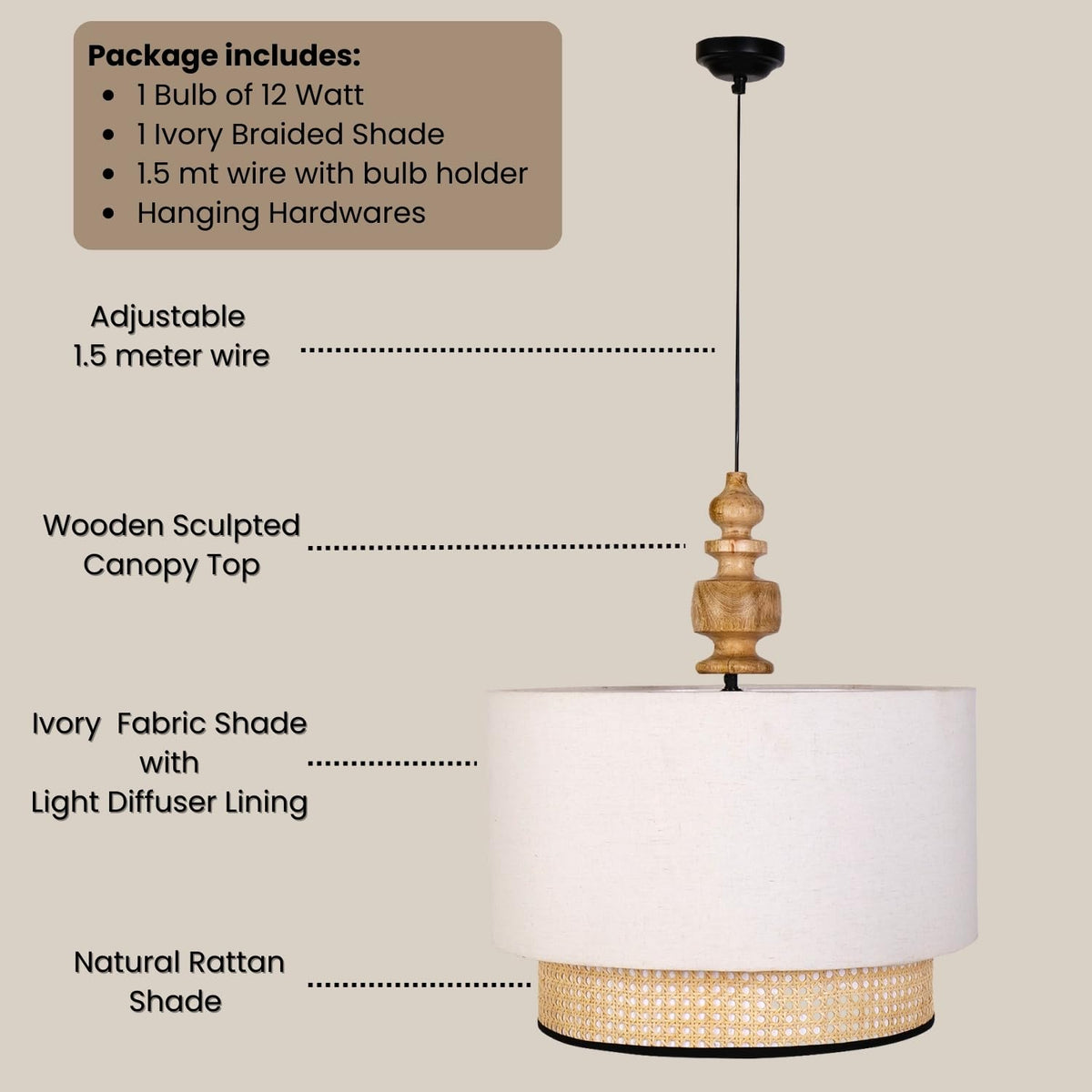 Double Drum Pendant Ceiling Lamp, Ivory with Rattan