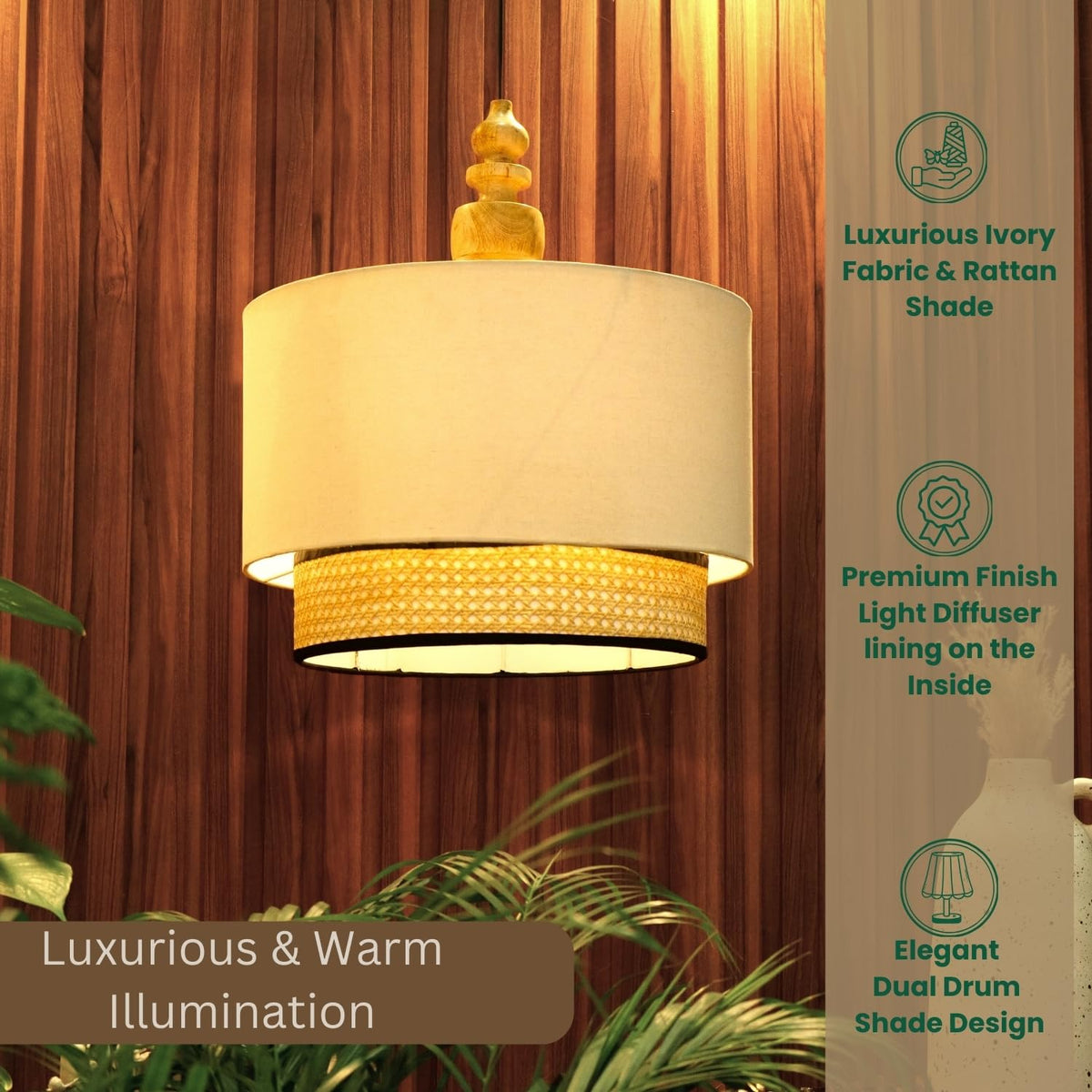 Double Drum Pendant Ceiling Lamp, Ivory with Rattan
