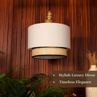 Double Drum Pendant Ceiling Lamp, Ivory with Rattan — thumbnail
