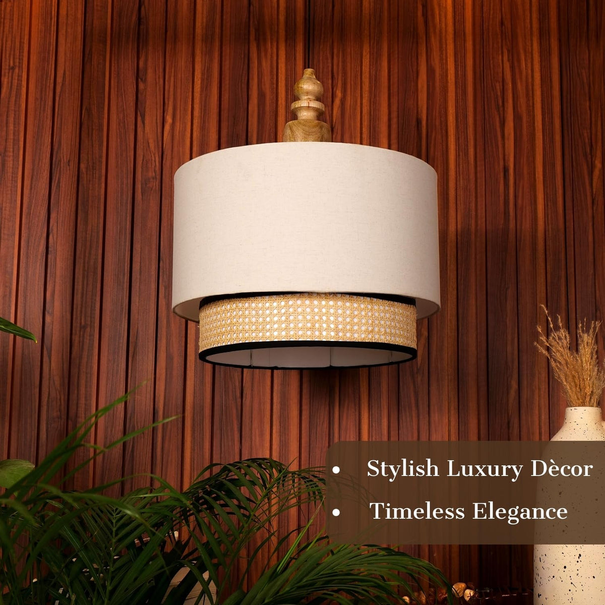 Double Drum Pendant Ceiling Lamp, Ivory with Rattan