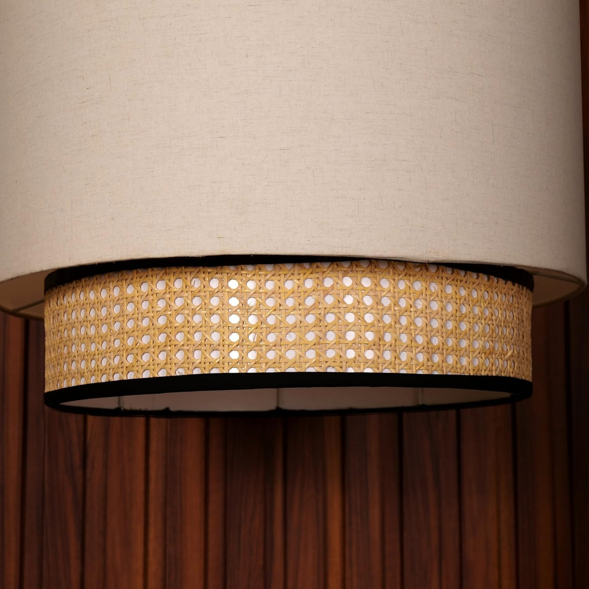Double Drum Pendant Ceiling Lamp, Ivory with Rattan